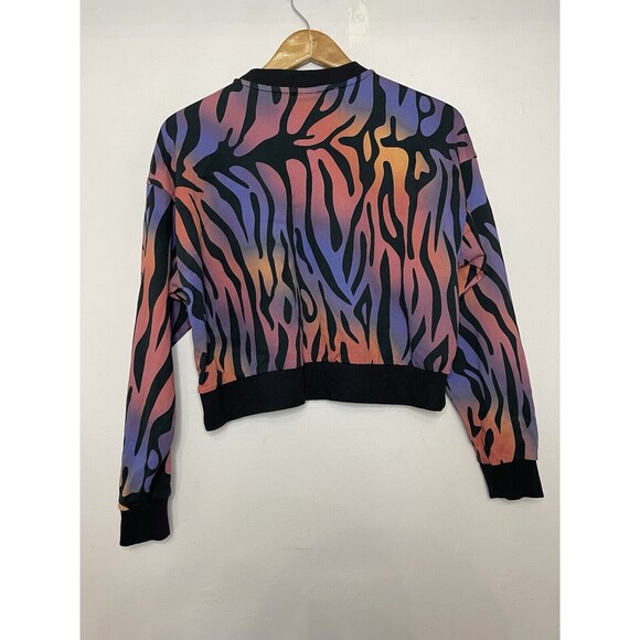 Adidas Women's Small Black/Purple/Pink Tiger Print Crop Sweatshirt Crew Neck - Picture 5 of 5